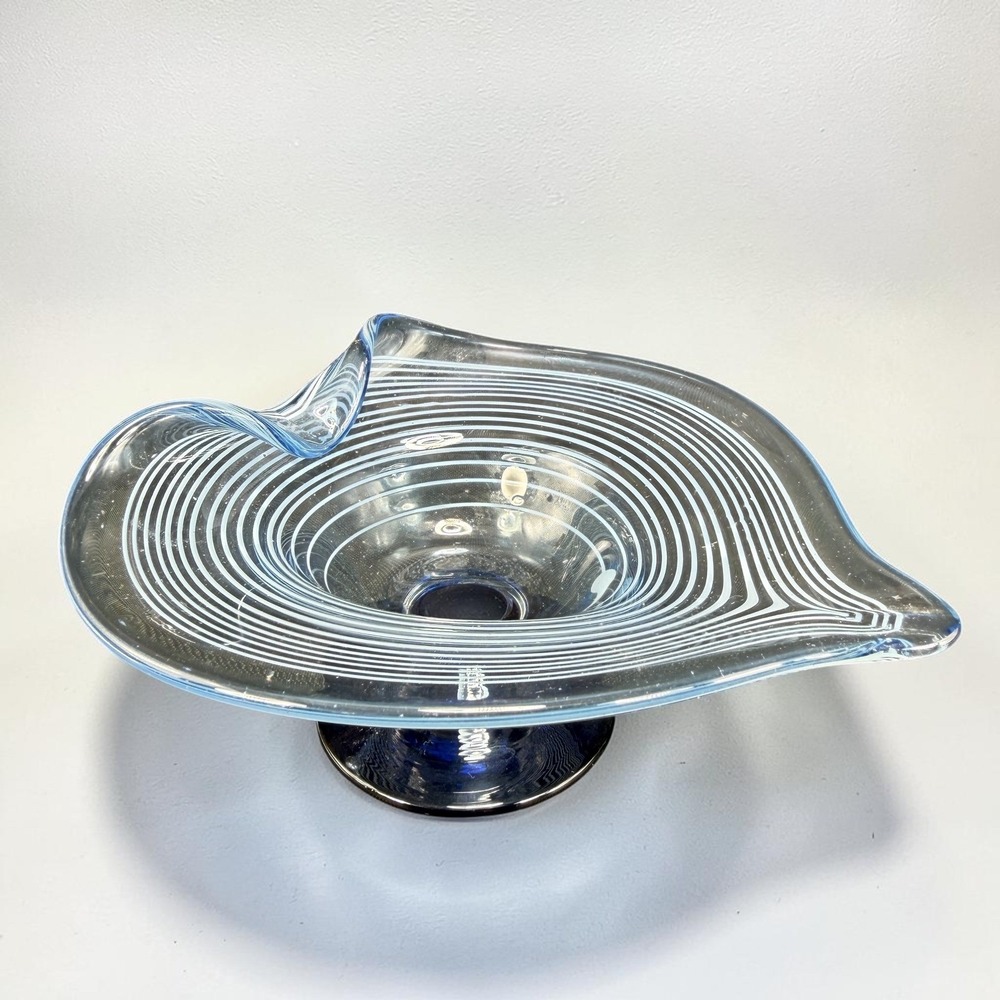Italian Hand Blown Art Glass Blue White Swirl Pedestal Bowl 6in Heart Shape VTG